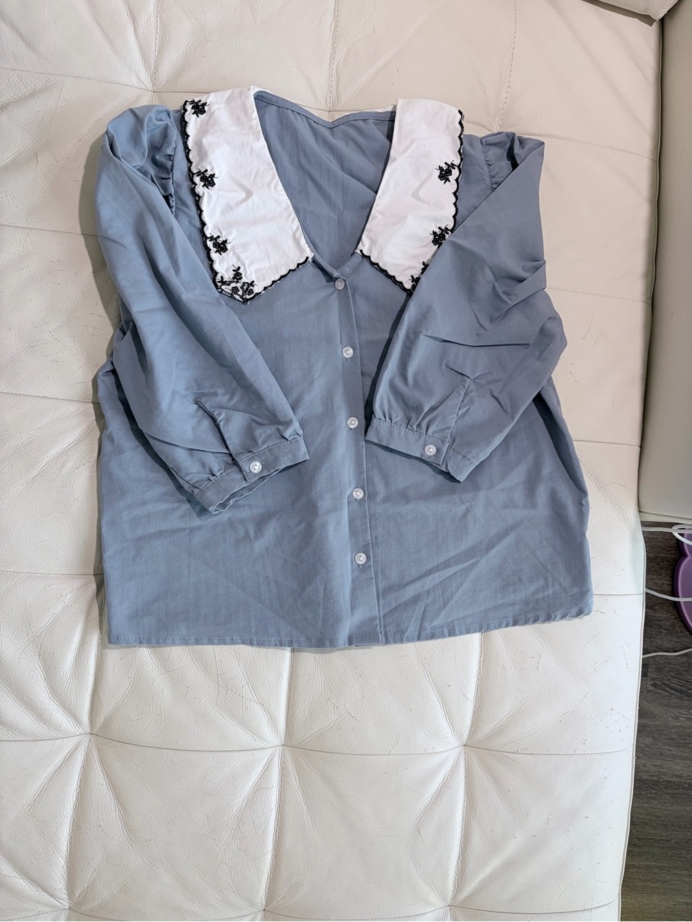 Blue Button-Up Blouse with Embroidered White Collar